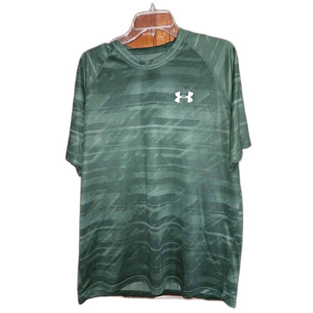Under Armour HeatGear Green Pattern Logo Tee Sz L Performance‎ Training Shirt